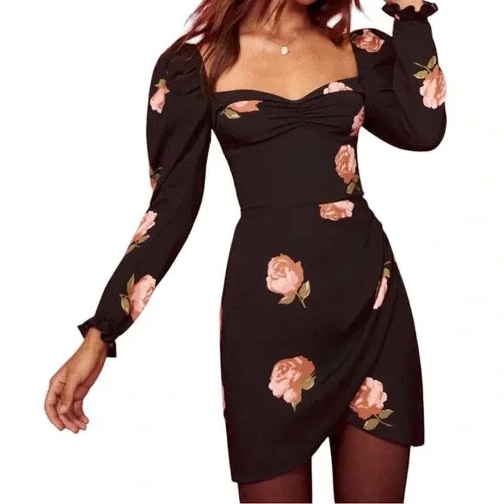 Reformation Amala Mini Dress Ingrid Black Floral Long Sleeve Ruched - Picture 1 of 13